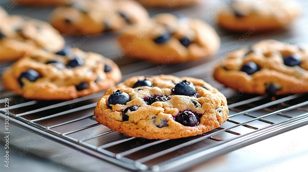 Poster close-up shot of a cooling rack featuring blueberries and cookies with various cookie variations vis