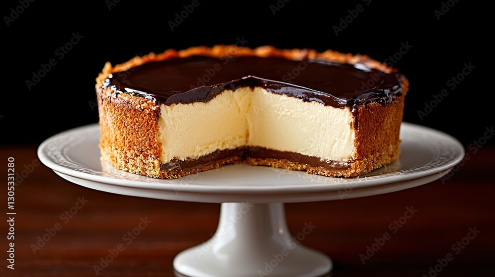 Poster a close-up of a cake on a plate with a slice removed from the top of the cake, leaving the rest of t