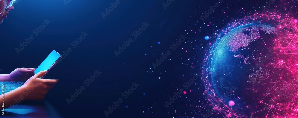 Poster a futuristic digital network visualization with glowing blue and pink nodes connected by thin lines.