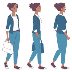 Obraz premium Casual business woman character constructor for animation vector illustration. Front, side, and back view set. Body parts, postures, poses collection. 