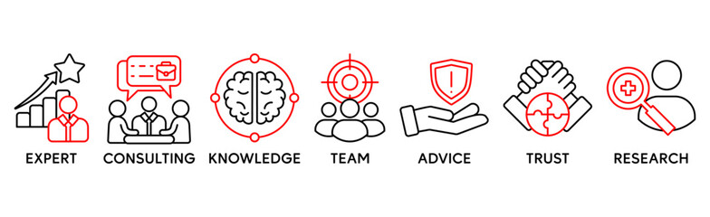 Expertise banner icons set with icon of expert, consulting, knowledge, team, advice, trust, and research