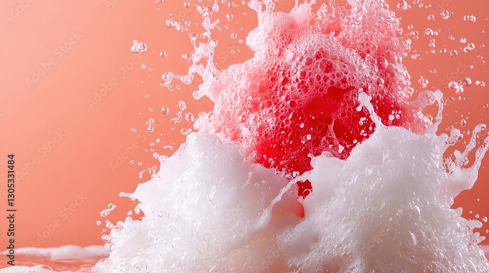 Poster close-up of water splashing on a red object against an orange background