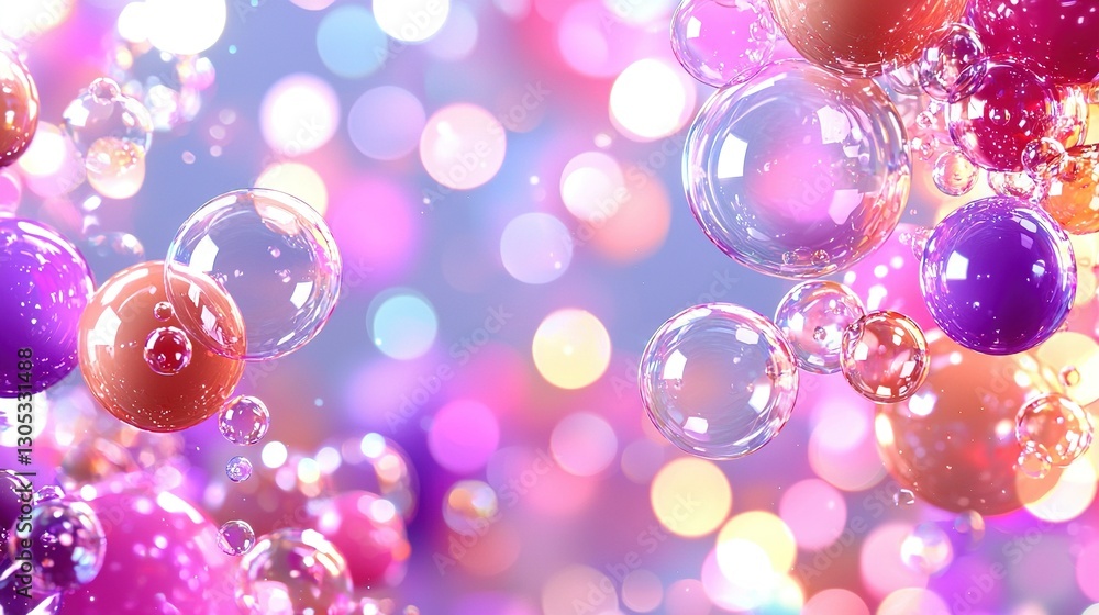 Poster bubbles float on blue-pink gradient with blurry bokeh effect