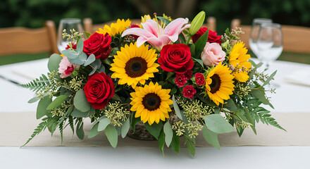 Floral centerpiece with sunflowers, roses, and lilies in vibrant arrangement, bouquet of flowers