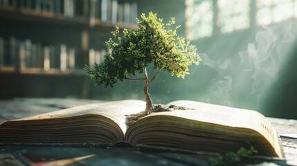 tiny tree grows from the pages of an open book, symbolizing knowledge and growth. The magical lighting creates an enchanting atmosphere, emphasizing the connection between nature and learning