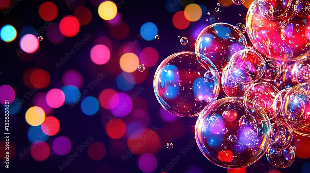 Poster a group of colorful soap bubbles float gracefully against a dark backdrop with illumination from var