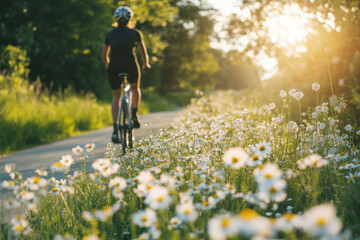 A serene countryside lane with wildflowers and a cyclist enjoying the ride