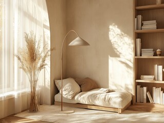 A cozy reading nook bathed in natural sunlight with books