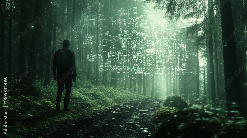 Poster mysterious forest scene with soft light.