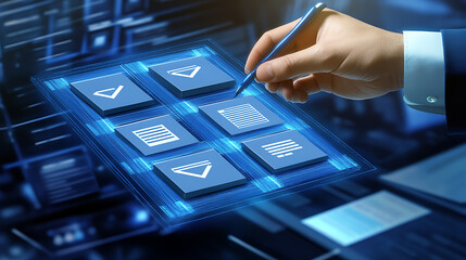 Digital Workflow Automation Business Tech Solutions Smart Interface for Documents and Tasks Hand Touching Interactive Platform Streamlined Efficiency