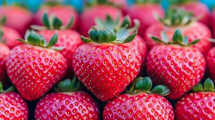 Stacked strawberries on display. Focus on front; many blurry in background. For market or food ad