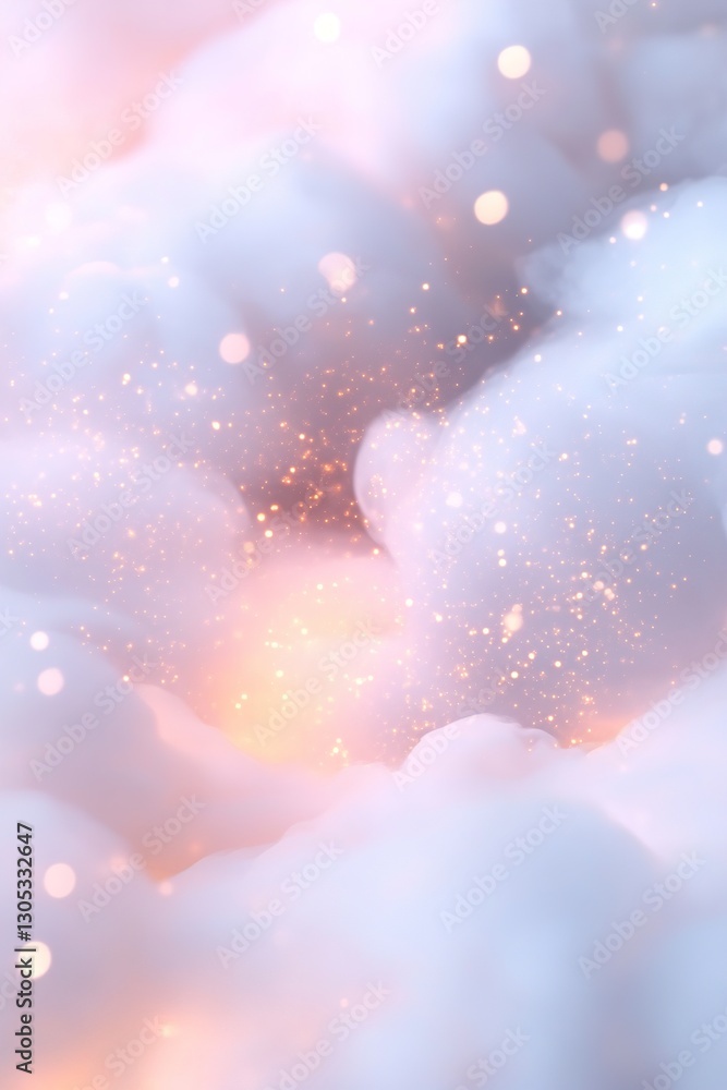 Poster soft luminous particles float through a celestial pastel gradient background, creating a serene and 