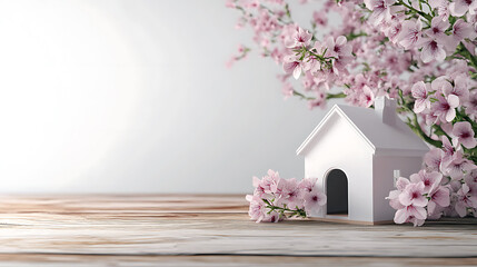 Dream House in Bloom A Tranquil White Home with Pink Cherry Blossoms Springtime Serenity Real Estate Charm Business & Technology Background