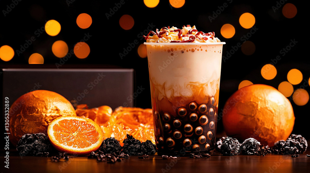 Poster close-up of a drink on a table surrounded by oranges and chocolate box
