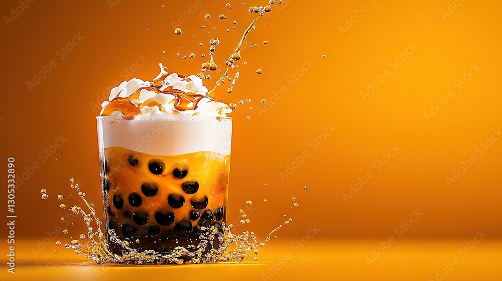 Poster a close-up of a drink with liquid splashing on an orange background