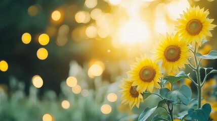 Vibrant sunflowers bask in warm sunlight, their golden petals glowing against a softly blurred backdrop, This image is ideal for themes of joy, nature, positivity