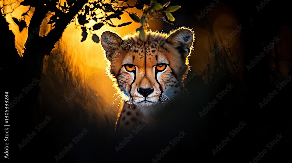 Poster a close-up of a cheetah's face on a dark background with a tree in the foreground, optimized