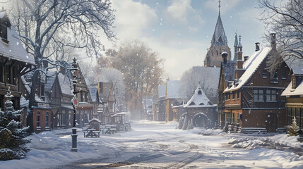 Fototapeta premium A magical snowy street in an old European town, filled with nostalgic charm.