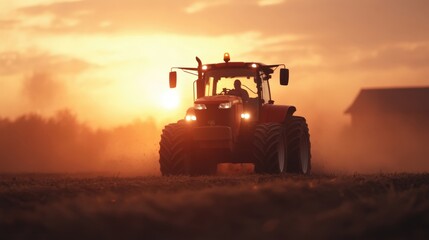 Fototapeta premium A red tractor operates in a dusty field during sunset, casting a warm glow, This image can be used for agricultural marketing, farming websites, and educational materials about crop production,