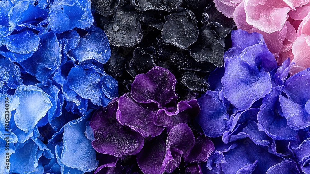 Poster a macro of multiple vibrant flowers adorned with droplets