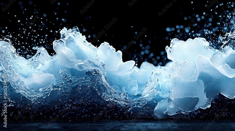 Poster a black background features a close-up of water splashing and drops on the bottom