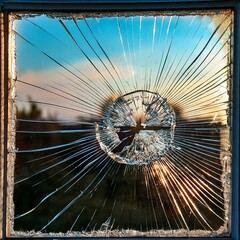 A broken glass window with jagged shards still clinging to the frame