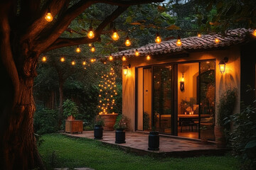 Outdoor BBQ Party Lit by Soft Glow of String Lights