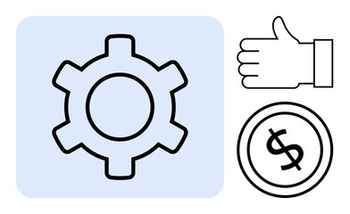 Gear symbol for productivity, thumbs-up for positive feedback, and dollar sign for wealth. Ideal for business strategy, finance, productivity, management, success teamwork and goal planning. Flat