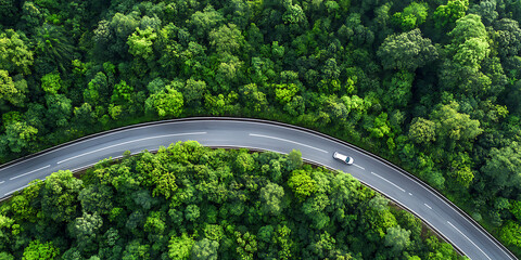 Aerial Serpentine Road Through Lush Green Forest - Nature Drive Scenery - Modern Transportation Infrastructure - Scenic Route Adventure - Outdoors Journey