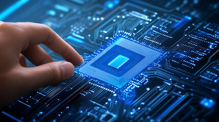 High Tech Innovation Futuristic Microchip Processor Finger Touch on Computer Motherboard Advanced Computing Artificial Intelligence Technology Concept