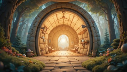 Enchanting Stone House Entrance in a Magical Forest Fantasy Home Design