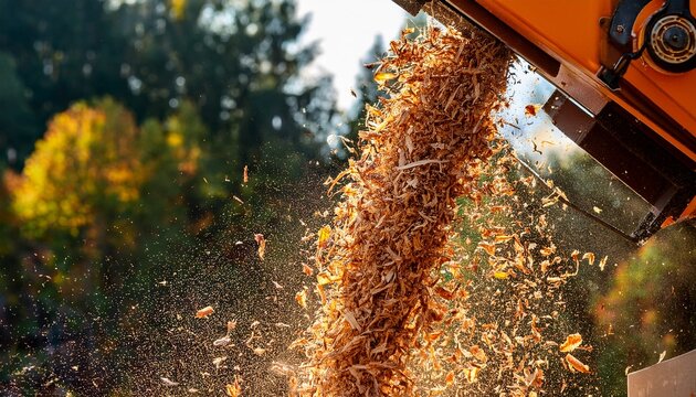 macro shot of wood chipper in action revealing detailed shredding process with flying wood particles and textures from processed branches
