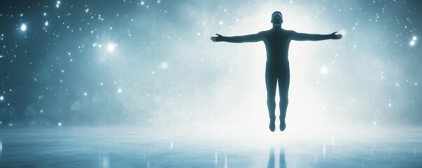 Naklejka premium Person in meditation amidst glowing stars.