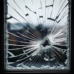 A broken glass window with jagged shards still clinging to the frame