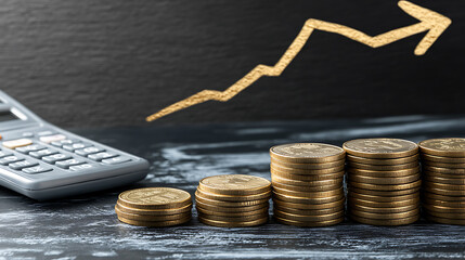 Financial Growth Chart with Calculator Shiny Golden Coin Stack on Black Background Business Success Investment Strategy Planning Accounting Technology