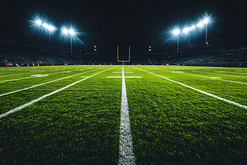 an american football field illuminated by bright stadium lights,