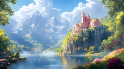 Dreamlike Watercolor Composition Featuring a Majestic Pink Castle by a Serene Lake