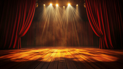 Empty stage with red velvet curtains and wooden floor illuminated by spotlights, showcasing a blank space ideal for presentations or announcements