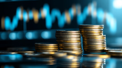 Financial Growth Chart Tech Backdrop Golden Coin Stacks Business Investment Analysis Future Trends Digital Economy Currency Wealth Management Success Finance