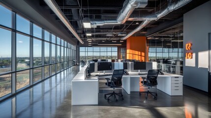 Modern office space with city view, open layout