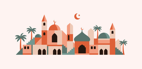 geometric style ramadan kareem mosque landscape illustration, bright colored arabic islamic housing, islamic illustration for poster, wallpaper and greeting card