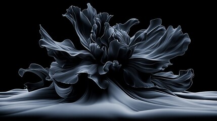   A monochrome picture of a bloom against a dark backdrop, featuring a droplet of water beneath it