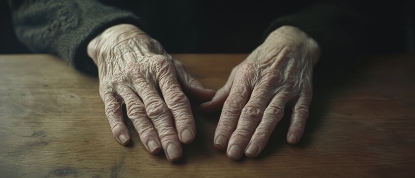 A pair of aged hands rests gently on a wooden table, telling stories of experience and wisdom through their lines.