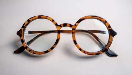 a pair of round tortoiseshell glasses with clear lenses lays on a white surface