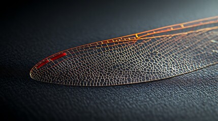 Close-up of a delicate insect wing showcasing intricate patterns and textures against a dark background