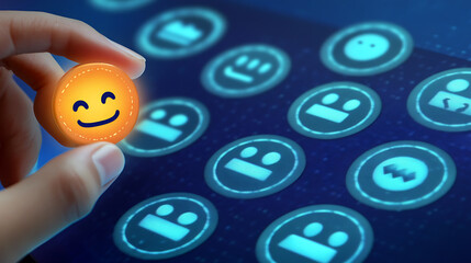 Optimistic Technology Digital Interface Concept Hand Selecting Happy Emoji for Positive Online Communication and Feedback on Modern Business Platform
