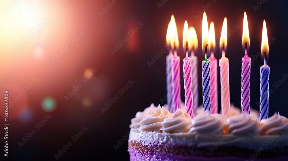 Poster a photo of a close-up cake with numerous lit candles on top and a hazy background