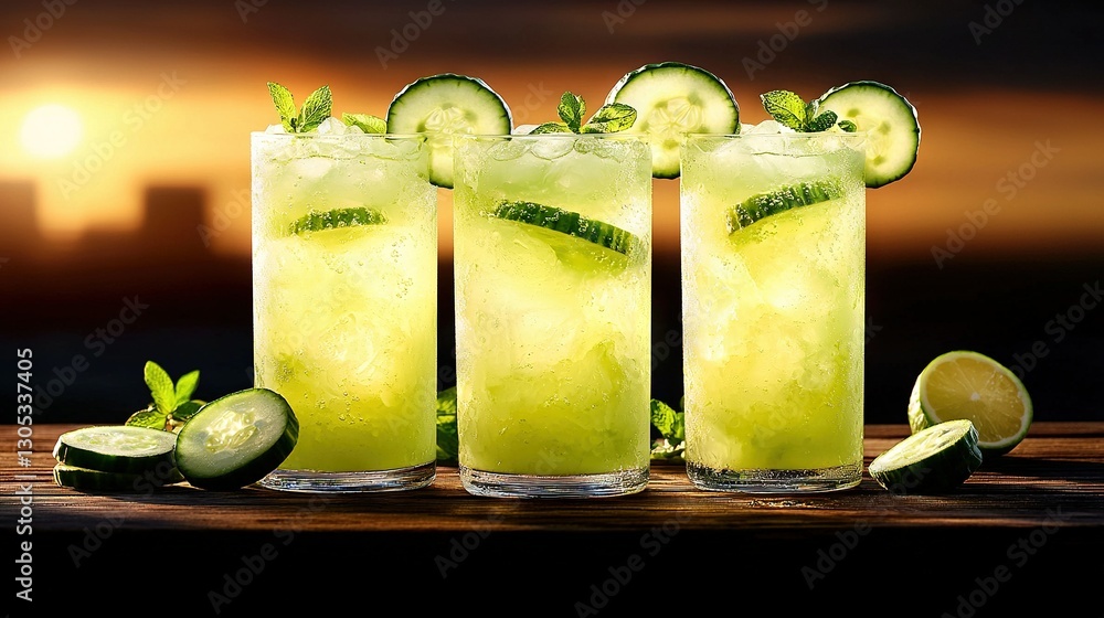 Poster three glasses of lemonade with cucumber and lime slices on a table against a sunset backdrop