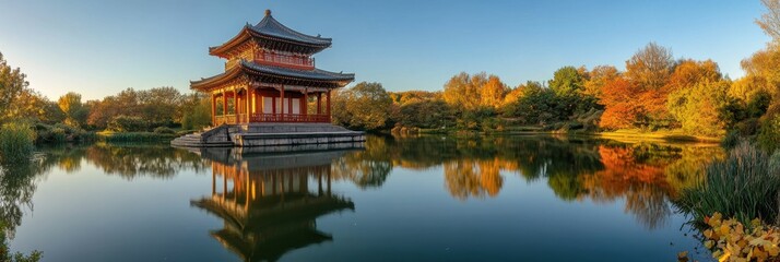 Fototapeta premium Milton Keynes. Panoramic View of Tranquil Peace Pagoda Temple at Sunrise in Willen Park