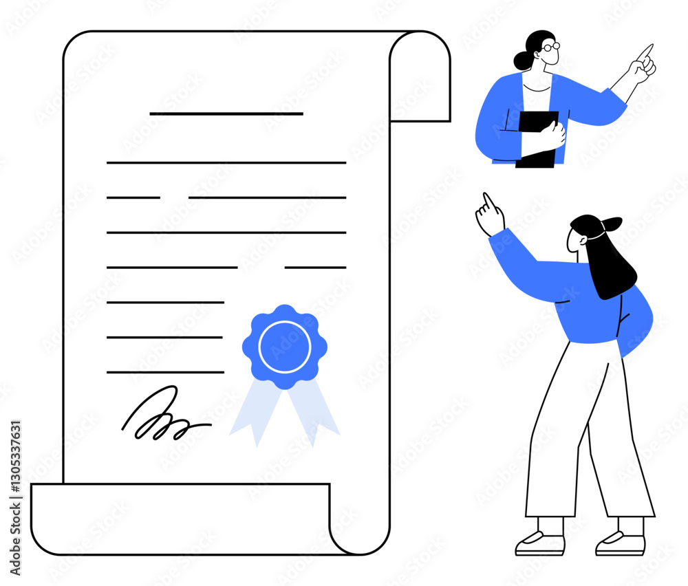 Poster document with official seal and signature next to two individuals gesturing in discussion. ideal for